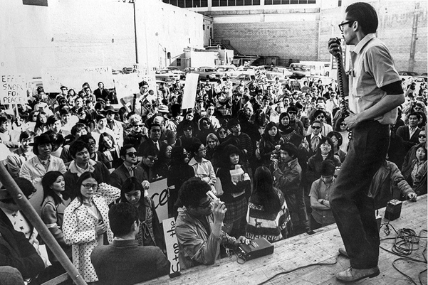 Figure 1. Yuji Ichioka, who taught University of California Los Angeles’ (UCLA) first Asian American studies class, spoke at an Asian Americans for Peace march and rally in Los Angeles on Jan. 17, 1970. [Courtesy of UCLA Newsroom.] 